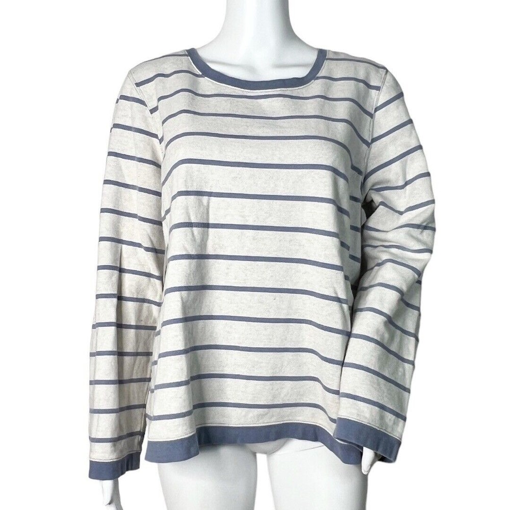 Orvis Women's Sweatshirt Gray White Striped Brown Leather Elbow Patches Size L